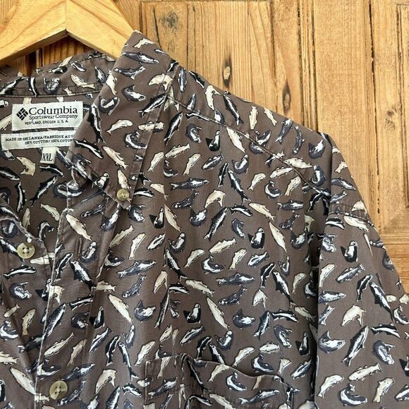Columbia Mens XXL Fish Print Short Sleeve Button Front Shirt Collared Vintage - Picture 4 of 8